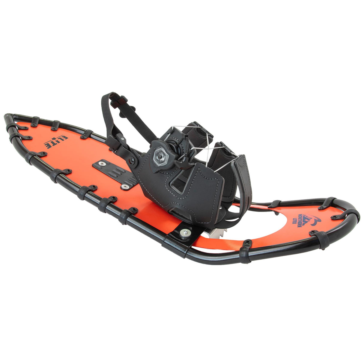 Top-down angled view of Men’s Elite 25 snowshoes with bindings and decking