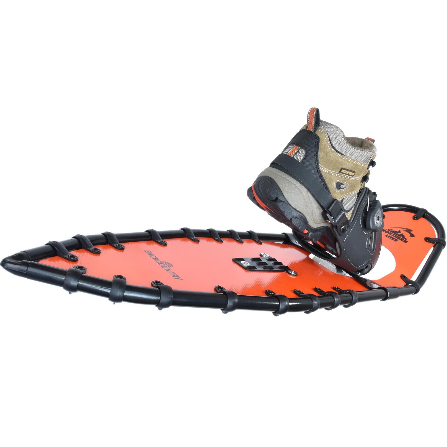 Angled top-down view of Backcountry 30 orange snowshoes with bindings