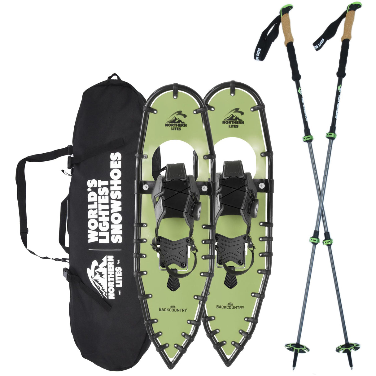 Backcountry 30 green snowshoe and trekking pole bundle displayed in snowy mountains