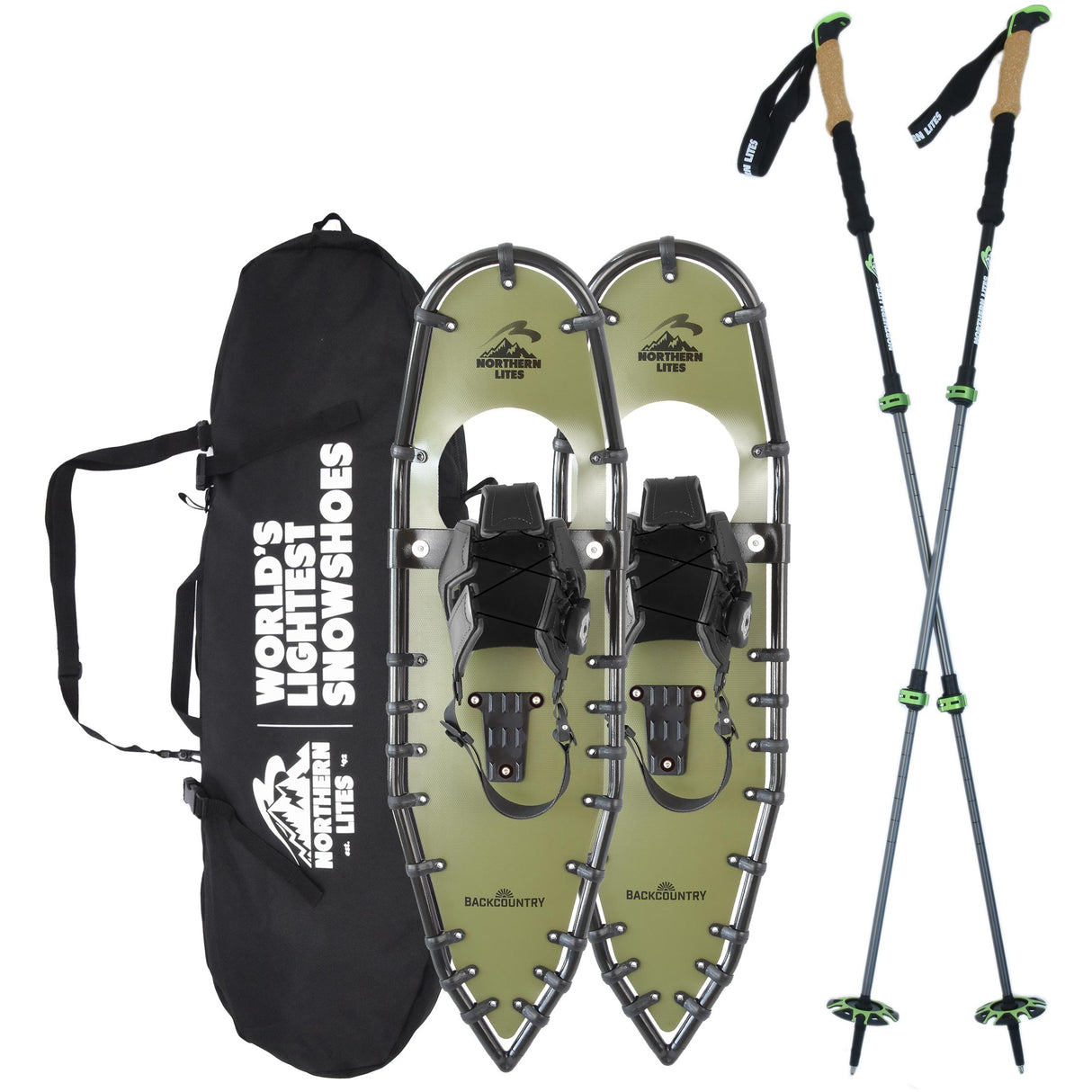 Backcountry 30 green ultralight snowshoes with trekking poles and carry bag bundle