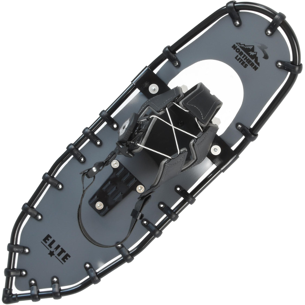Elite Race grey running snowshoes top view with lightweight decking