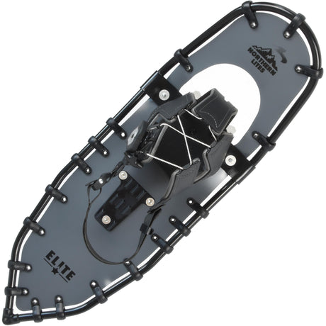 Elite Race grey running snowshoes top view with lightweight decking