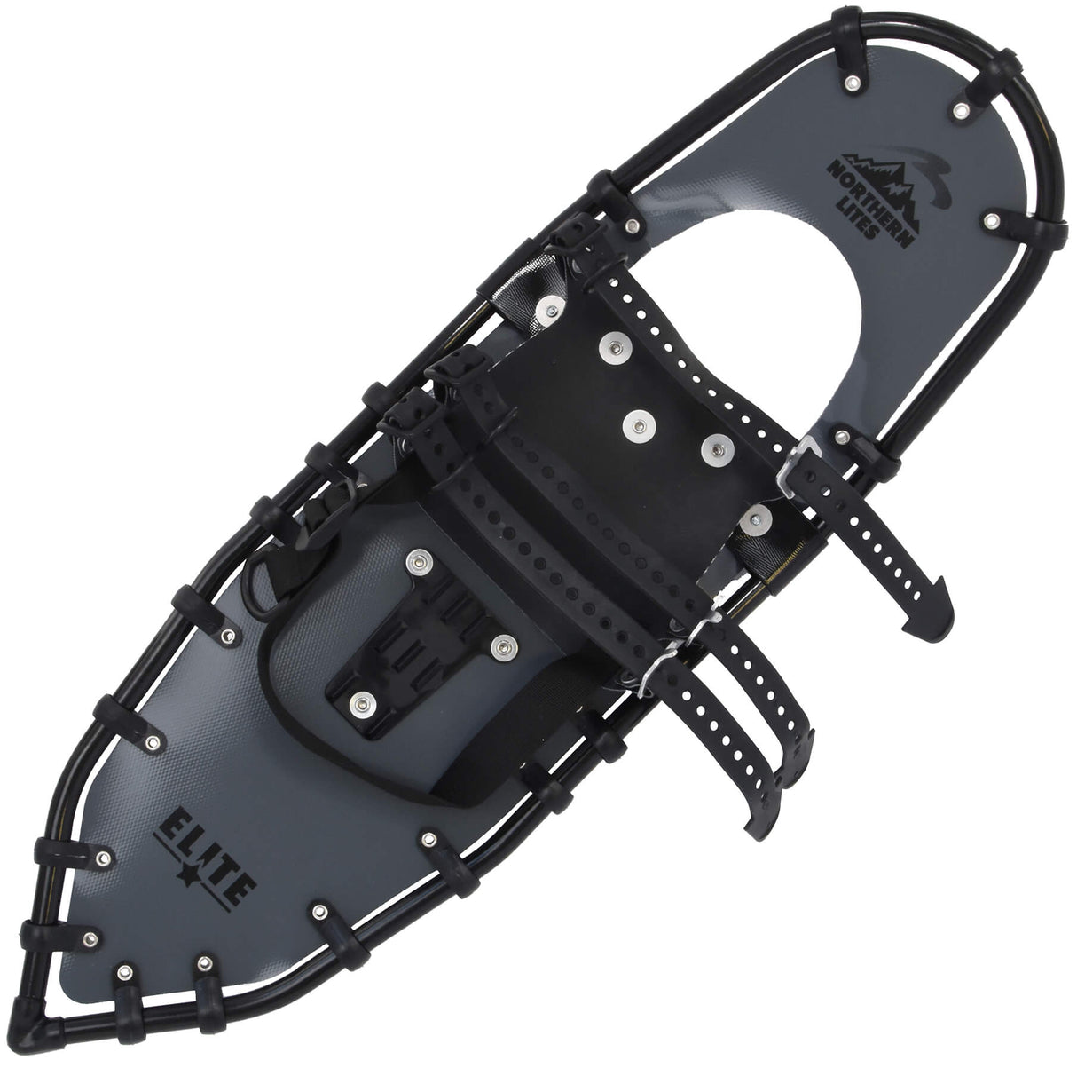 Elite Race grey snowshoes with TruTrak traction and crampon detail