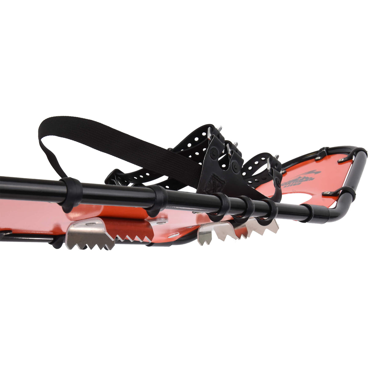 Front angled view of Backpacker ultralight snowshoes with bindings and decking