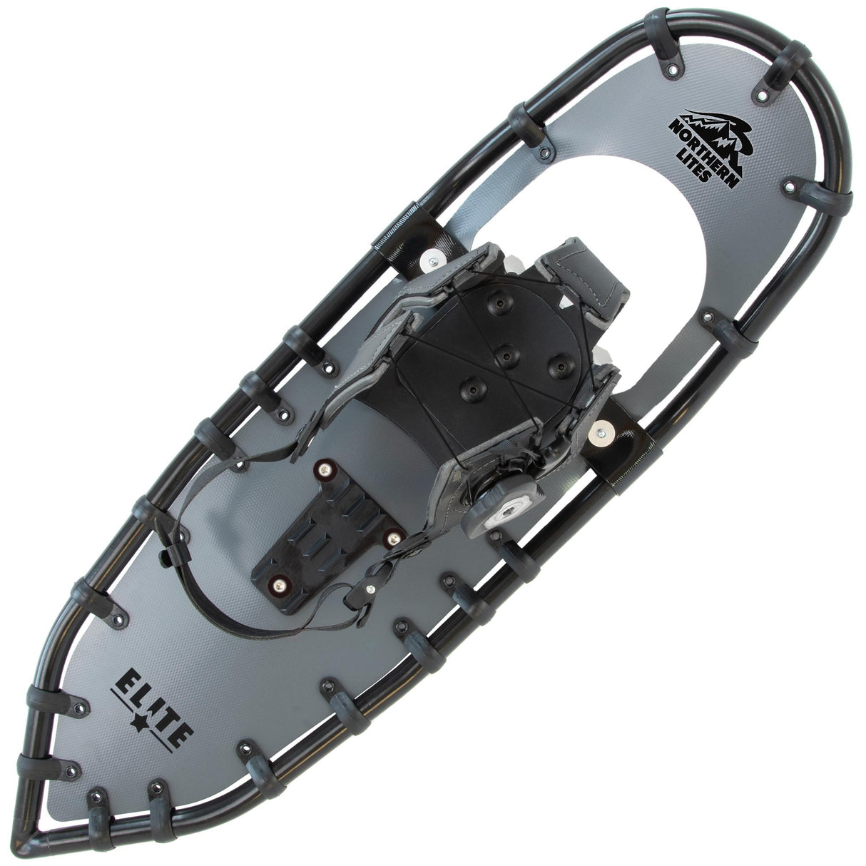 Men’s Elite 25 ultralight snowshoes in gray with spin bindings on white background