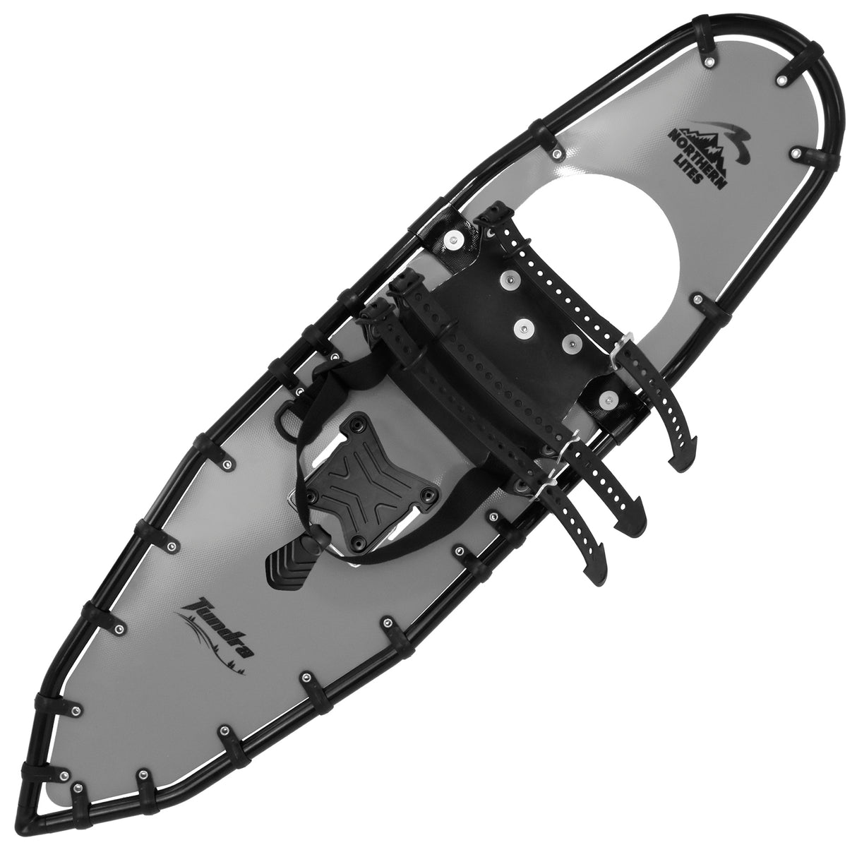 Backpacker grey mountain snowshoes showing crampon underside and frame