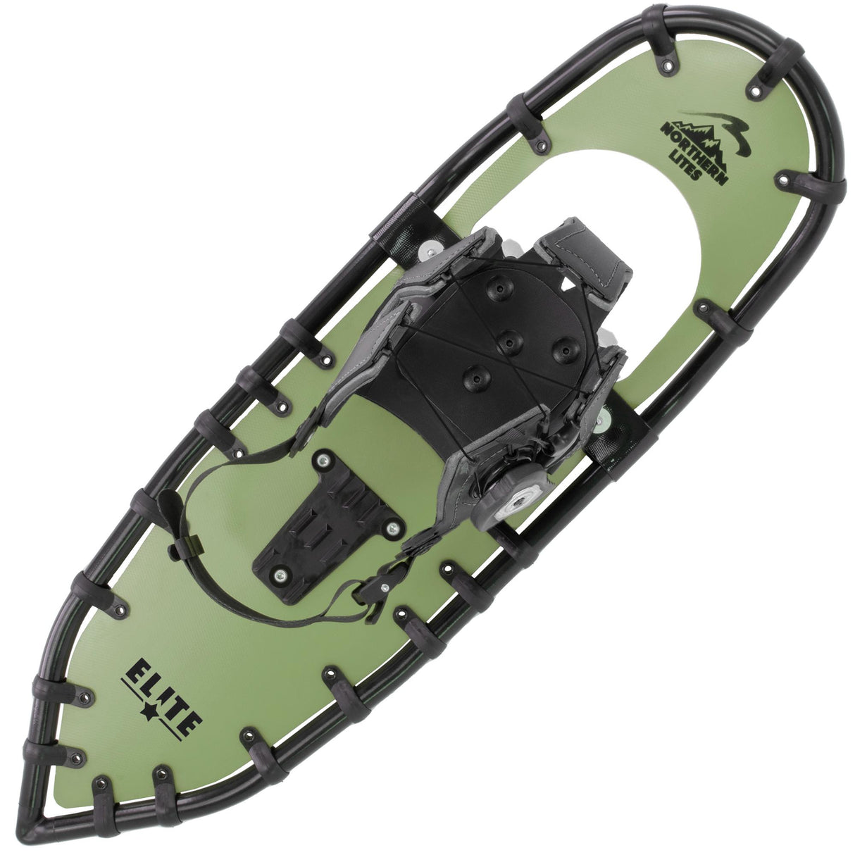 Men’s Elite 25 ultralight snowshoes in green with bindings on white background