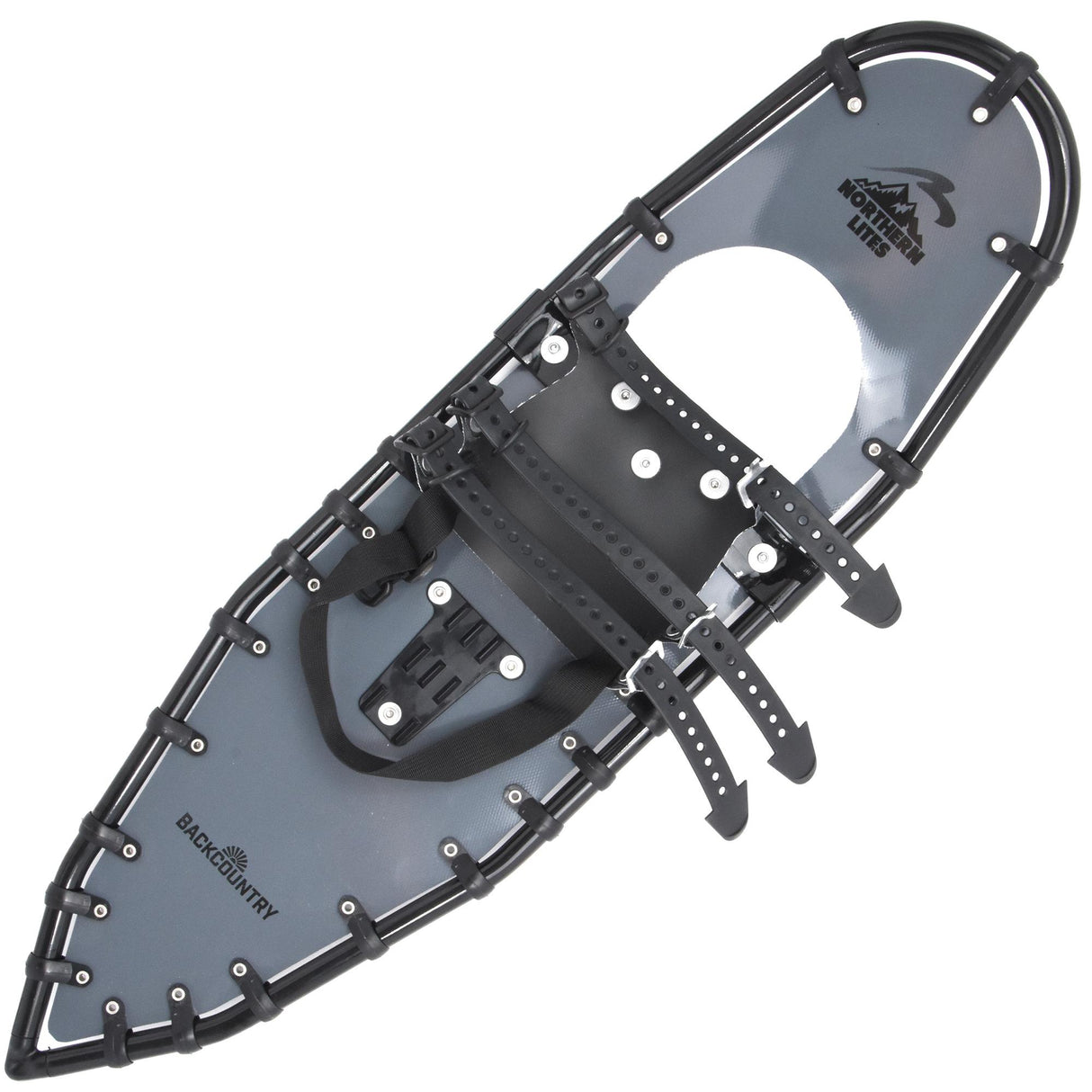 Top view of grey Backpacker ultralight snowshoes with TruTrak binding