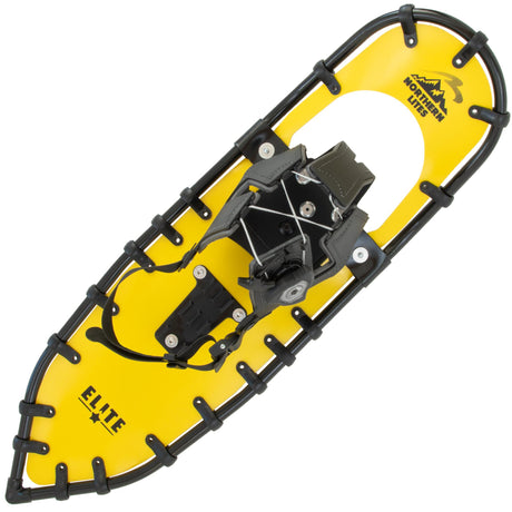Elite Race ultralight running snowshoes in yellow with spin bindings, top view