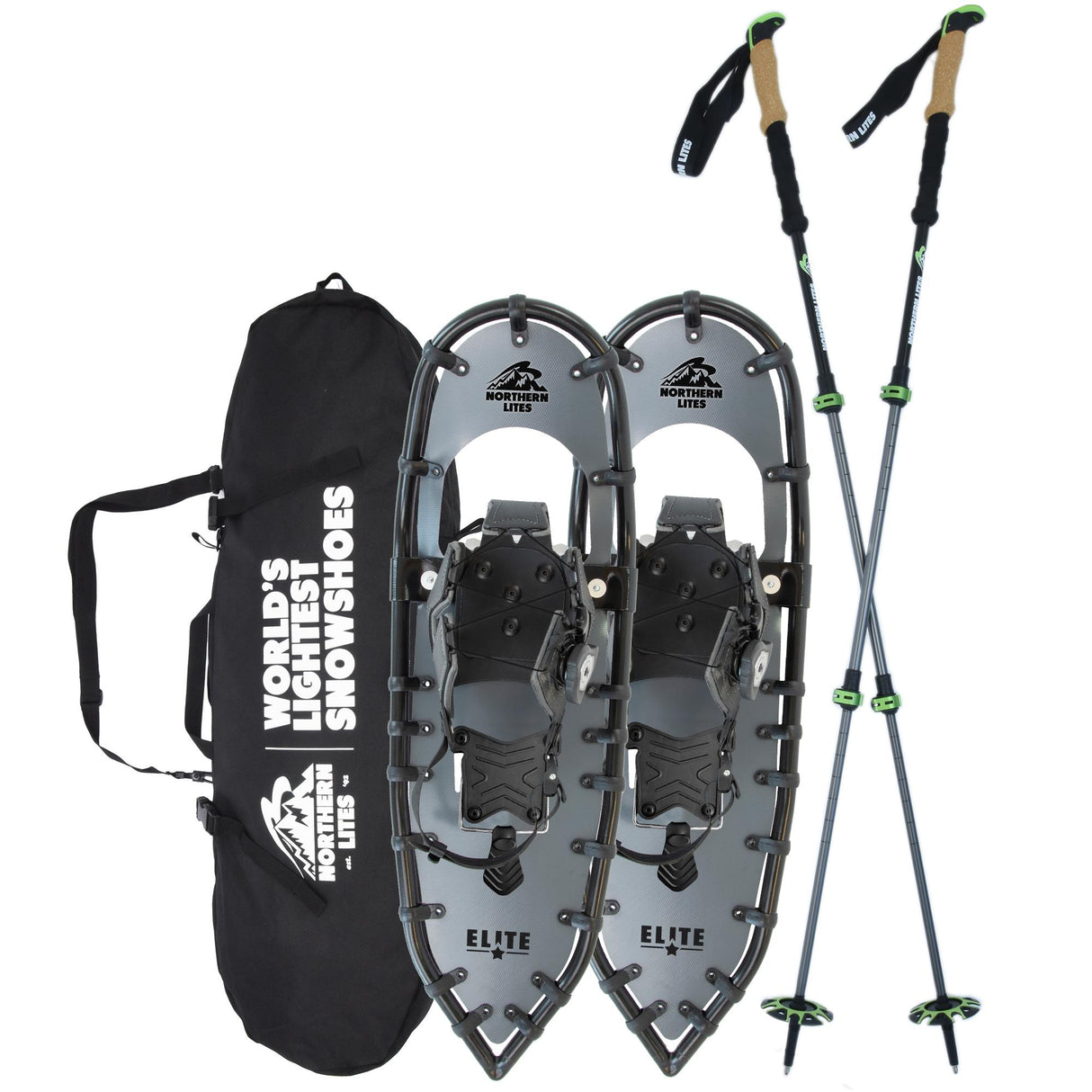 Men’s Elite 25 gray snowshoe bundle with poles and bag on mountain snow terrain
