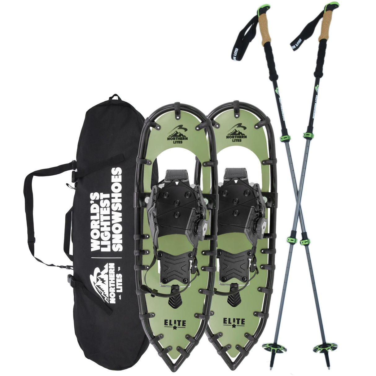 Men’s Elite 25 green snowshoe and trekking pole bundle displayed on snowy mountain summit