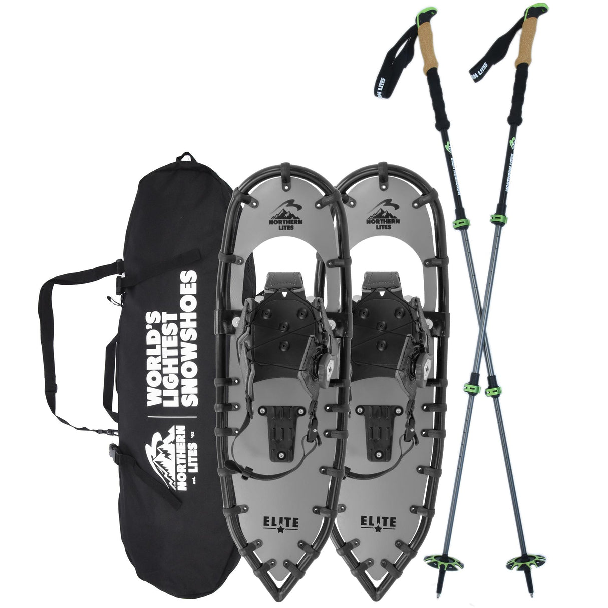 Men’s Elite 25 gray ultralight snowshoe bundle with poles and carry bag