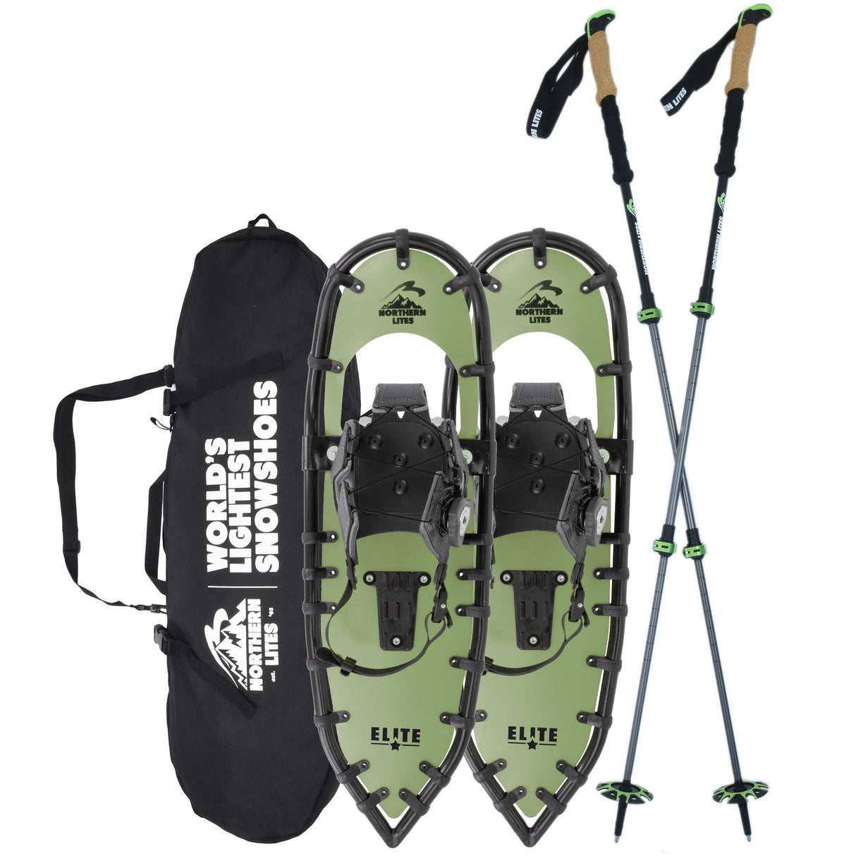 Men’s Elite 25 green ultralight snowshoe bundle with trekking poles and carry bag