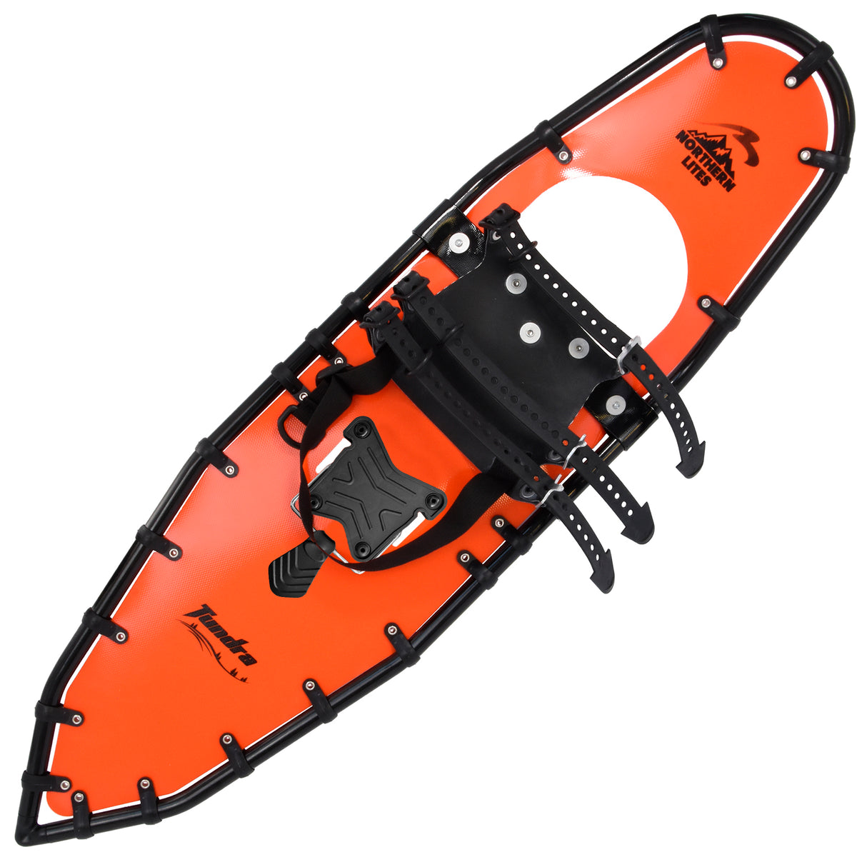 Angled view of Backpacker orange mountain snowshoes with bindings and heel lift