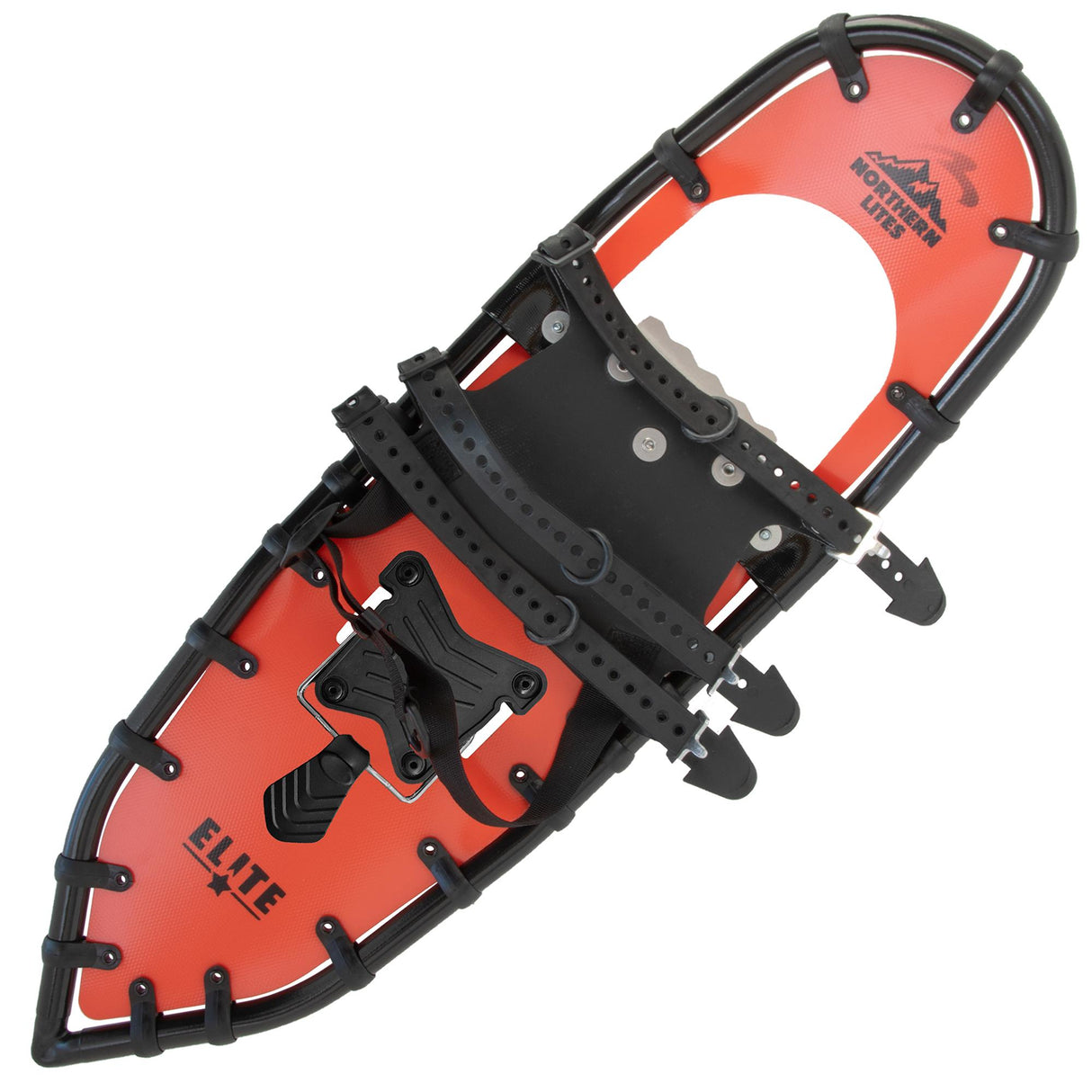Backpacker 25β33 orange mountain snowshoes with heel lift and traction claws