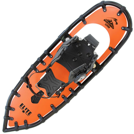 Orange Menβs Elite 25 mountain edition snowshoes showing traction claws