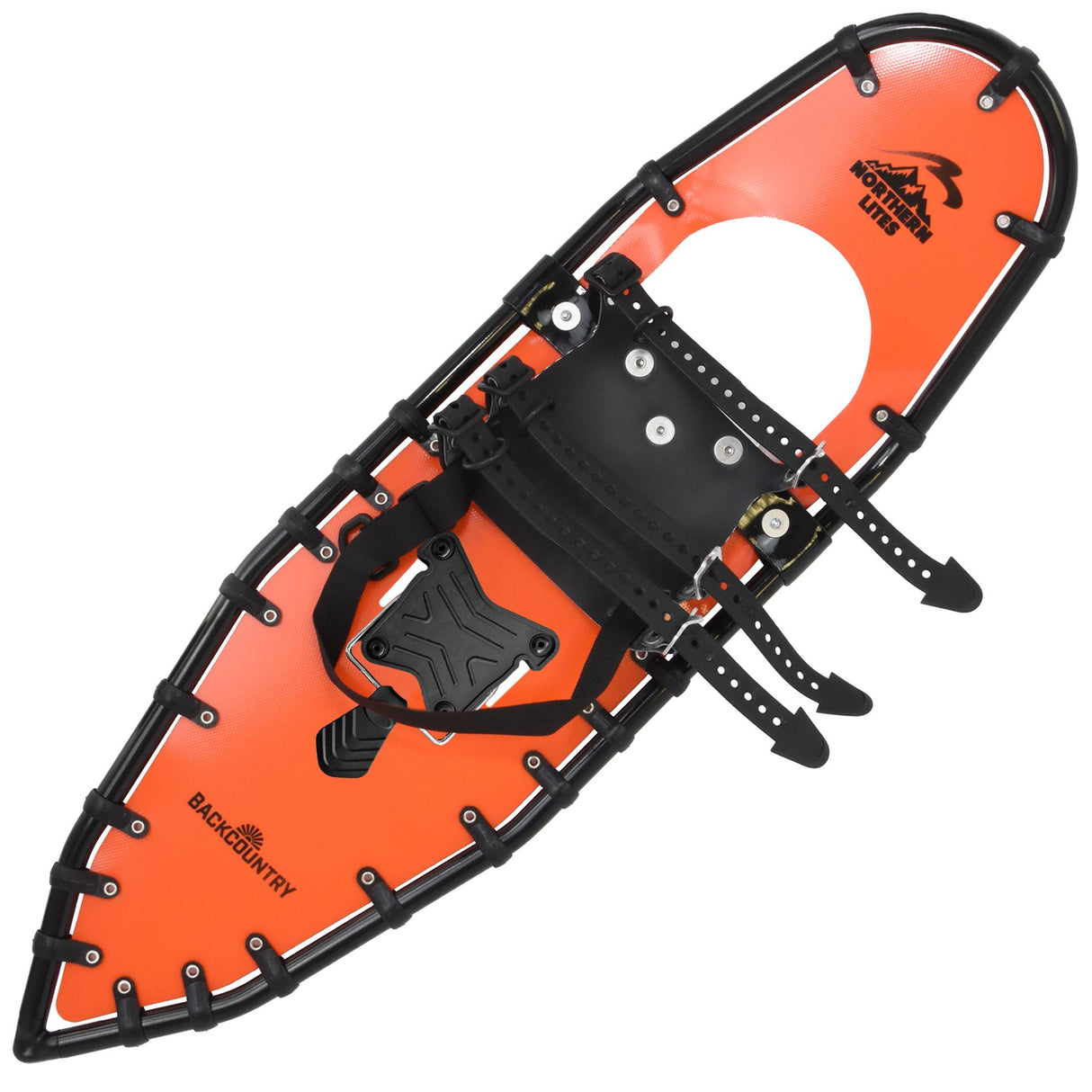 Backpacker orange snowshoes with mountain traction plate and bindings