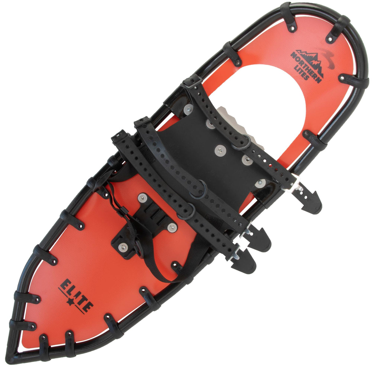 Backpacker orange ultralight snowshoes with TruTrak bindings and decking