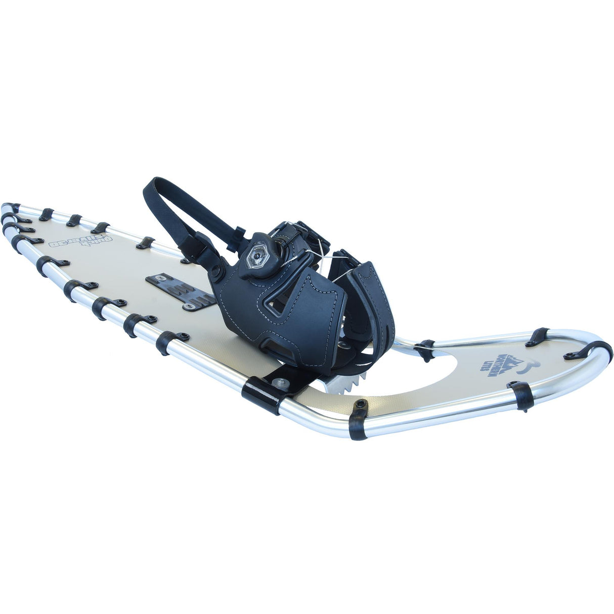 Quicksilver 30 unisex snowshoes side angle showing aluminum frame and bindings