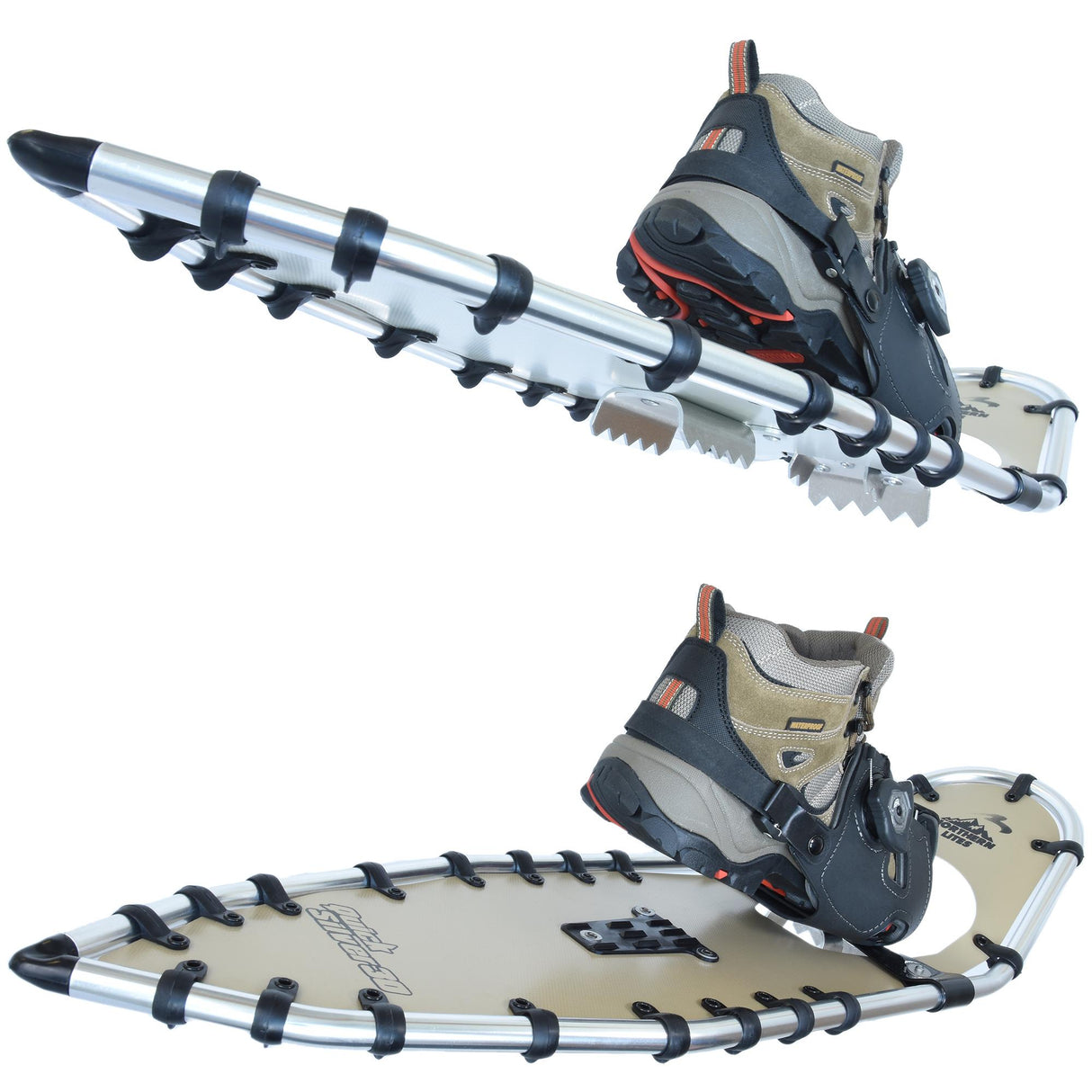 Bottom view of Quicksilver 25 and 30 snowshoes showing crampons and traction