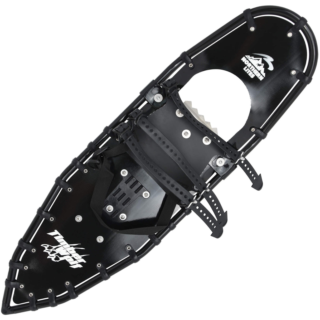 Timber Wolf snowshoe top view showing TruTrak binding and decking