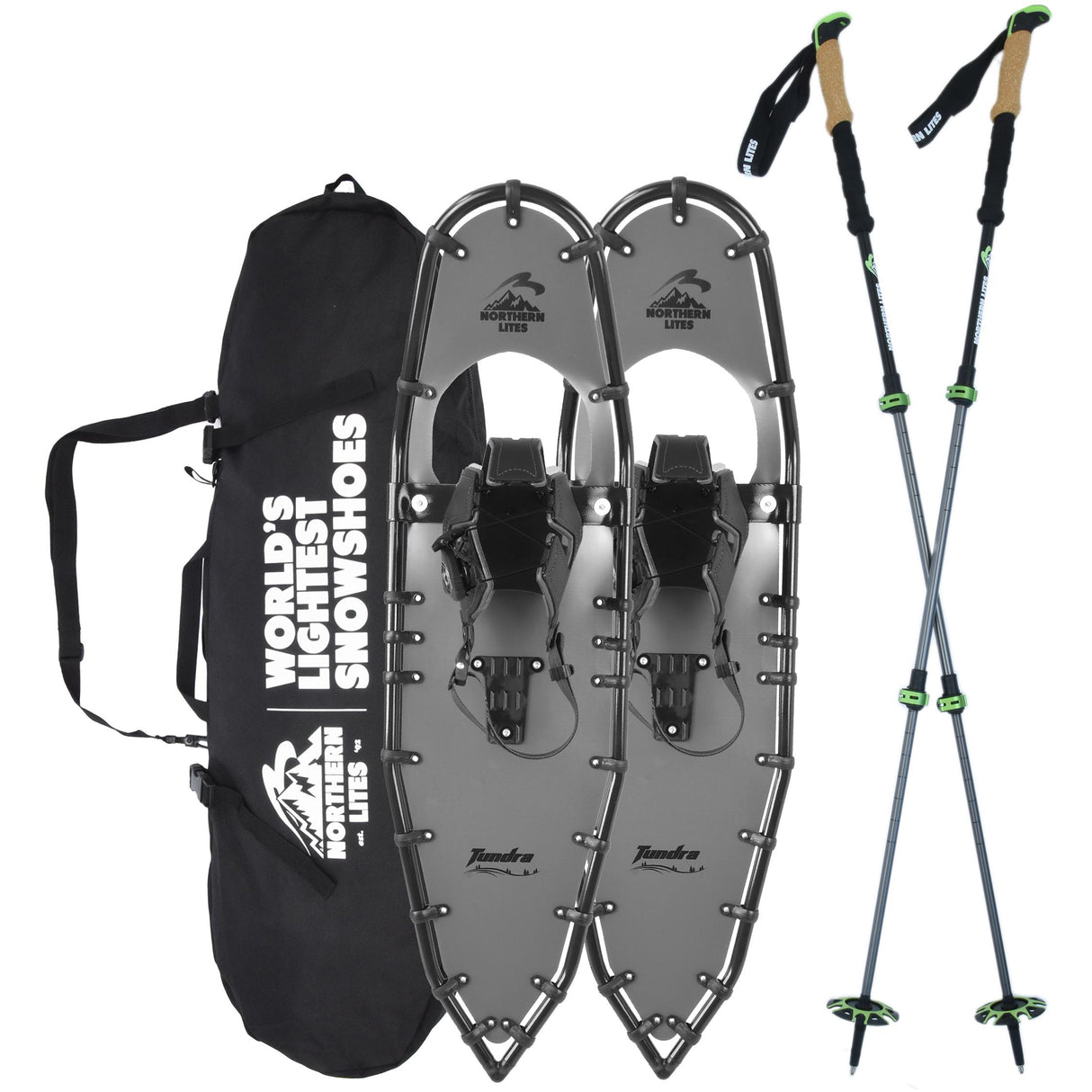 Tundra 33 gray ultralight snowshoe set with trekking poles and bag on snow