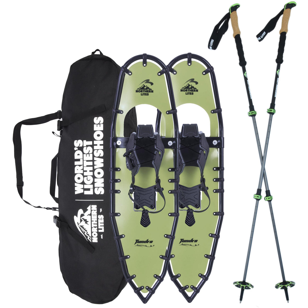 Tundra 33 green snowshoe bundle with poles and carry bag on snowy mountain summit