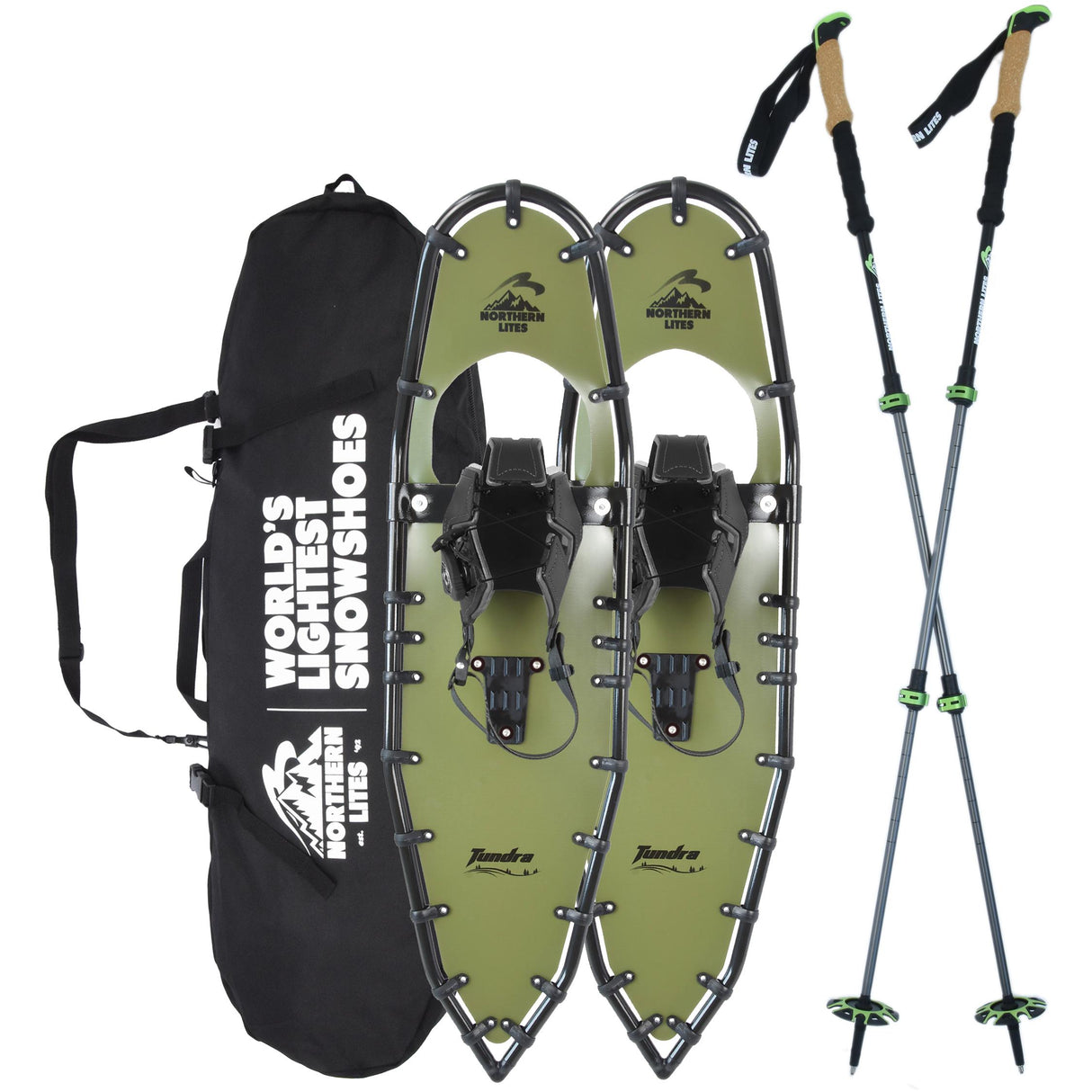 Tundra 33 green ultralight snowshoe bundle with poles and carry bag on snowy trail