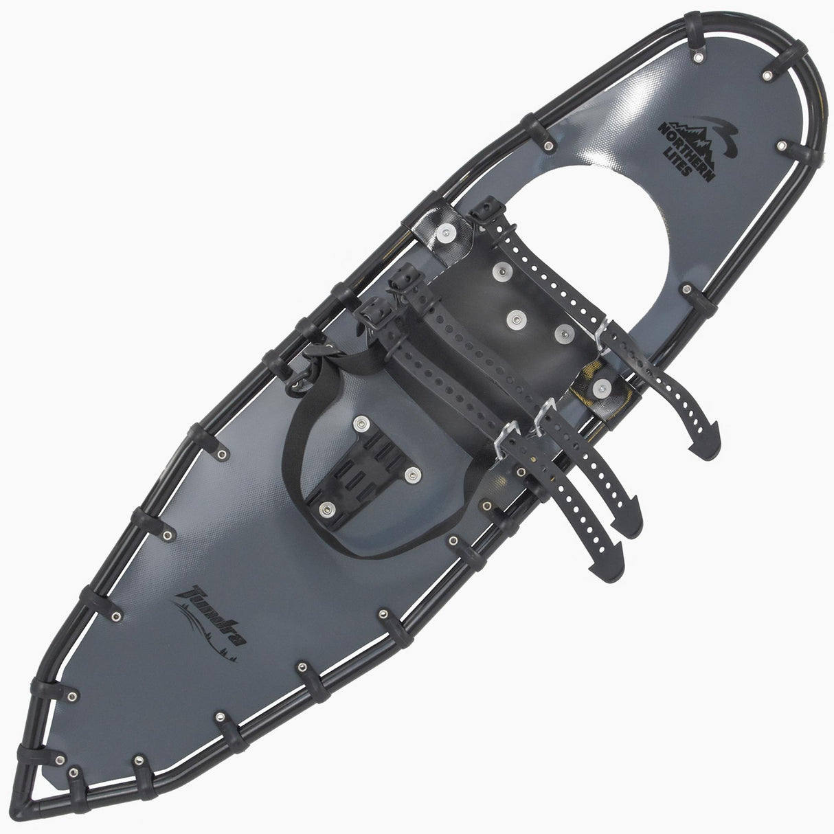 Grey Backpacker snowshoes with aggressive mountain traction and TruTrak