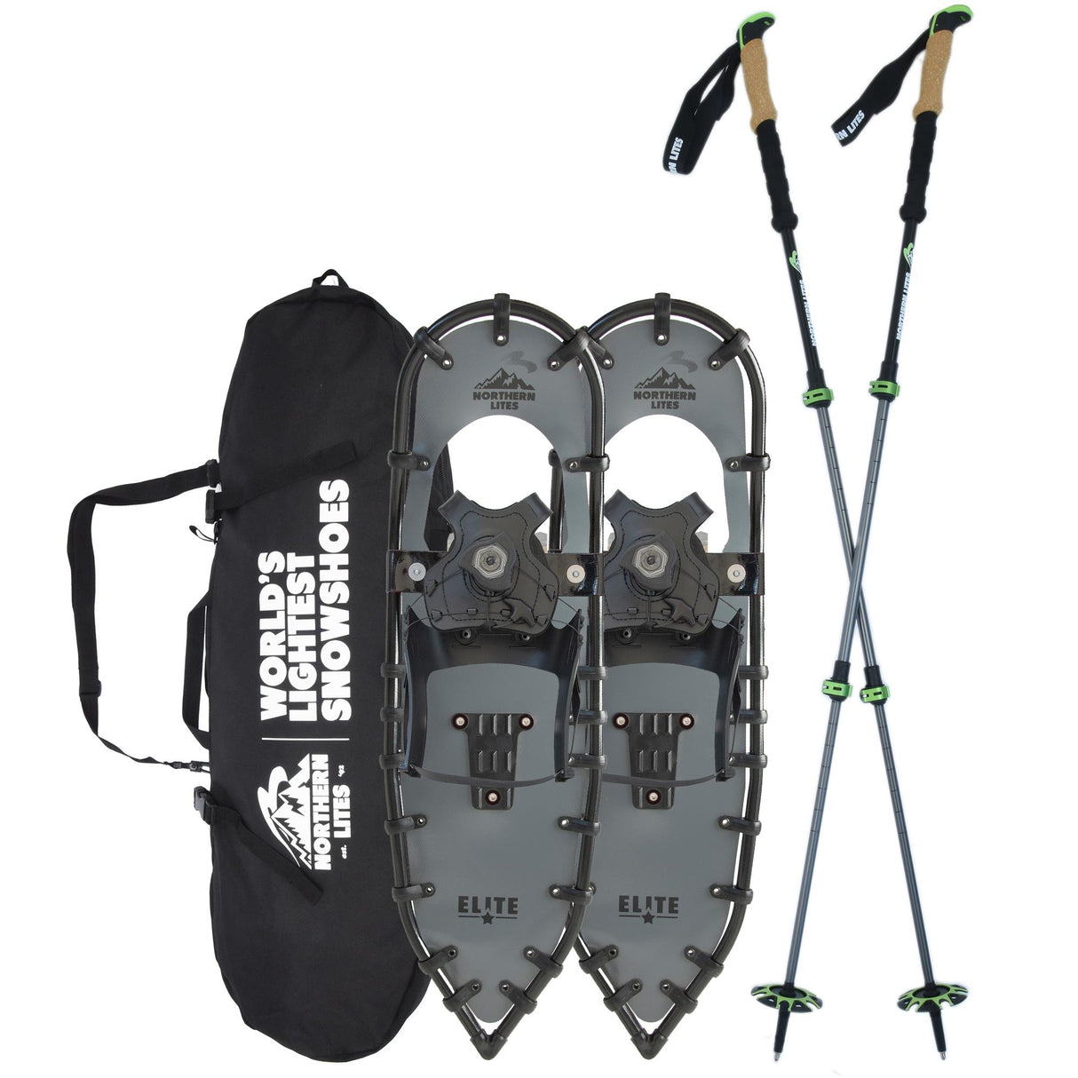 Women’s Elite 25 gray ultralight snowshoes bundle with poles and carry bag