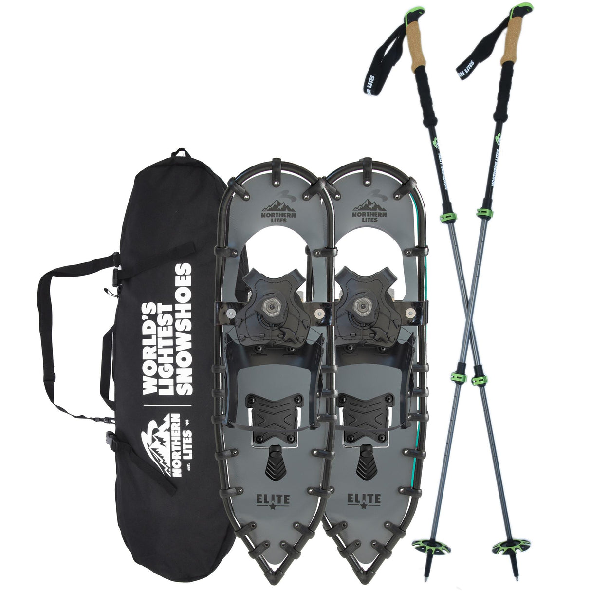 Women’s Elite 25 gray snowshoe bundle with poles and bag on snowy mountain
