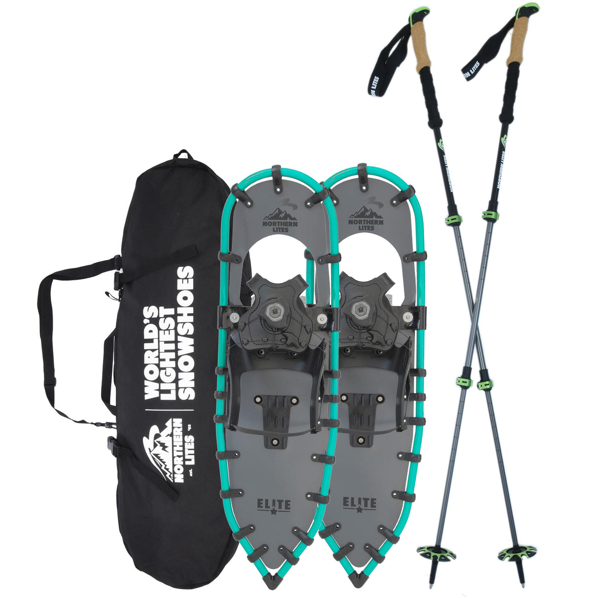 Women’s Elite 25 teal ultralight snowshoes bundle with carry bag and poles
