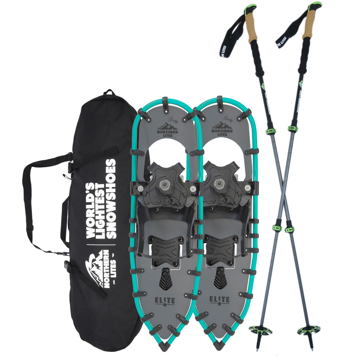Women’s Elite 25 teal snowshoes, trekking poles, and carry bag in snowy summit scene