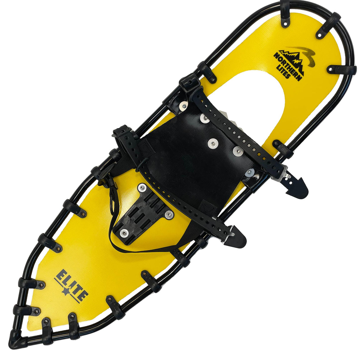 Elite Race yellow running snowshoes with TruTrak traction, full top view