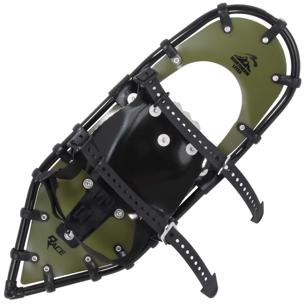 Green race snowshoes with TruTrak traction and speed bindings
