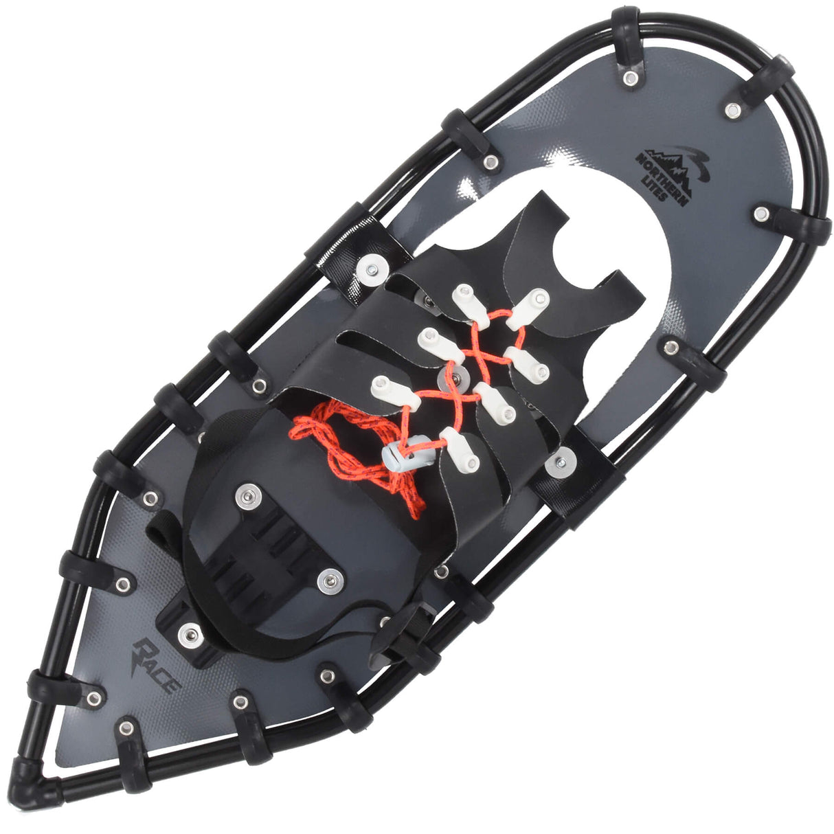 Gray ultralight race running snowshoes top view with bindings