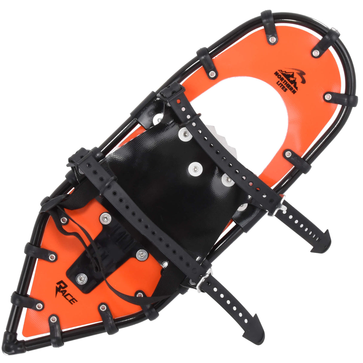 Orange race snowshoes with TruTrak traction system, top view