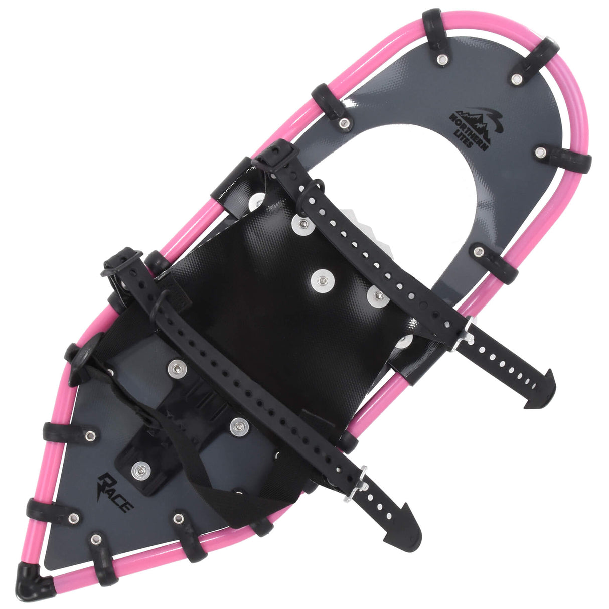 Pink TruTrak race snowshoes with aggressive traction for snow running