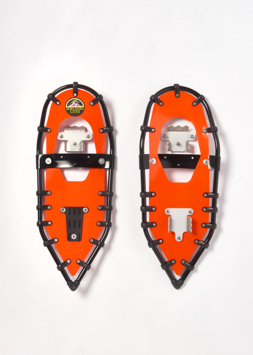 Red race snowshoes with direct mount design and ultralight frame