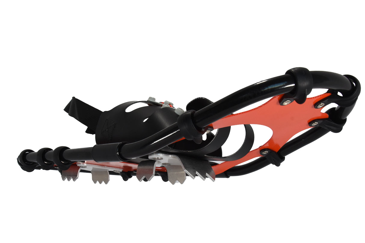 Bottom angled view of Race Wave running snowshoes showing crampons and traction teeth