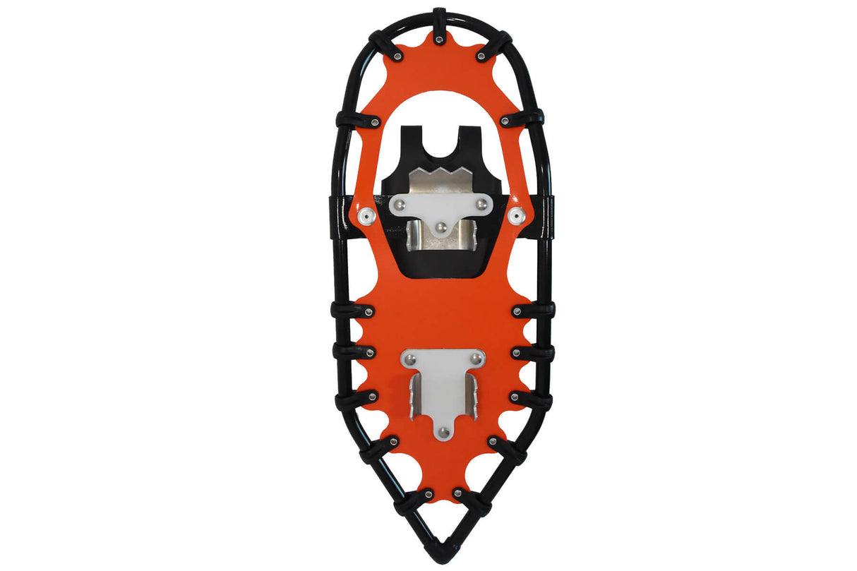 Bottom view of orange Race Wave running snowshoes with aggressive traction claws