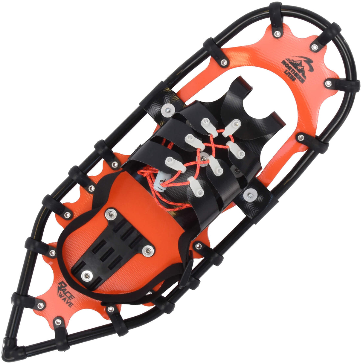 Race Wave ultralight running snowshoes in orange, top view with bindings