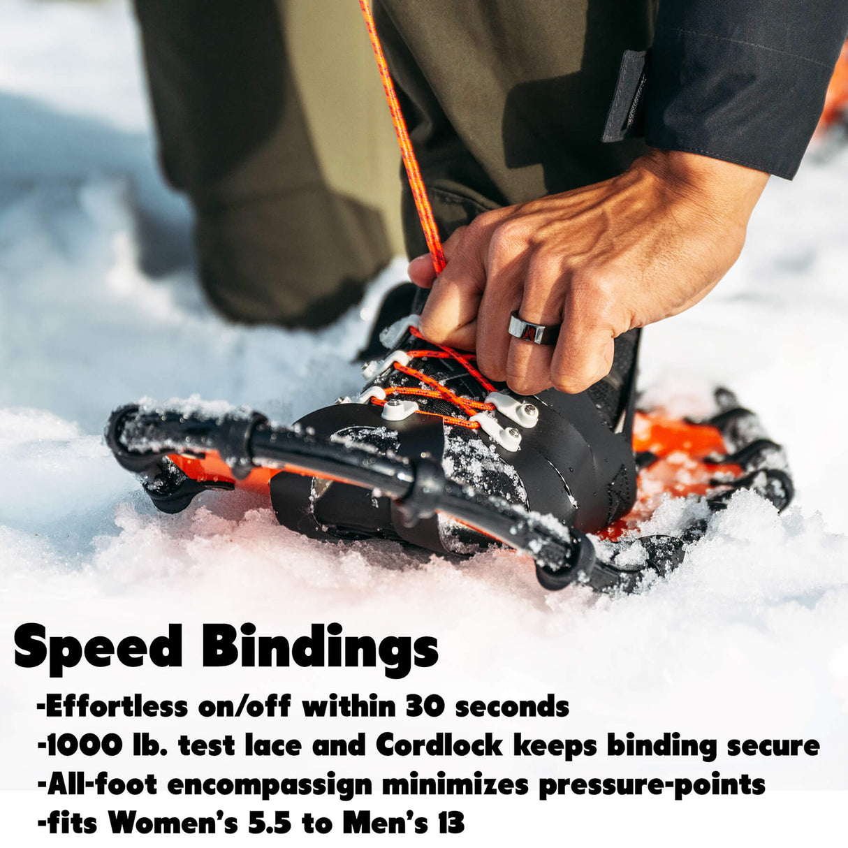 Close-up of Race Wave speed lace binding system for secure snowshoe running
