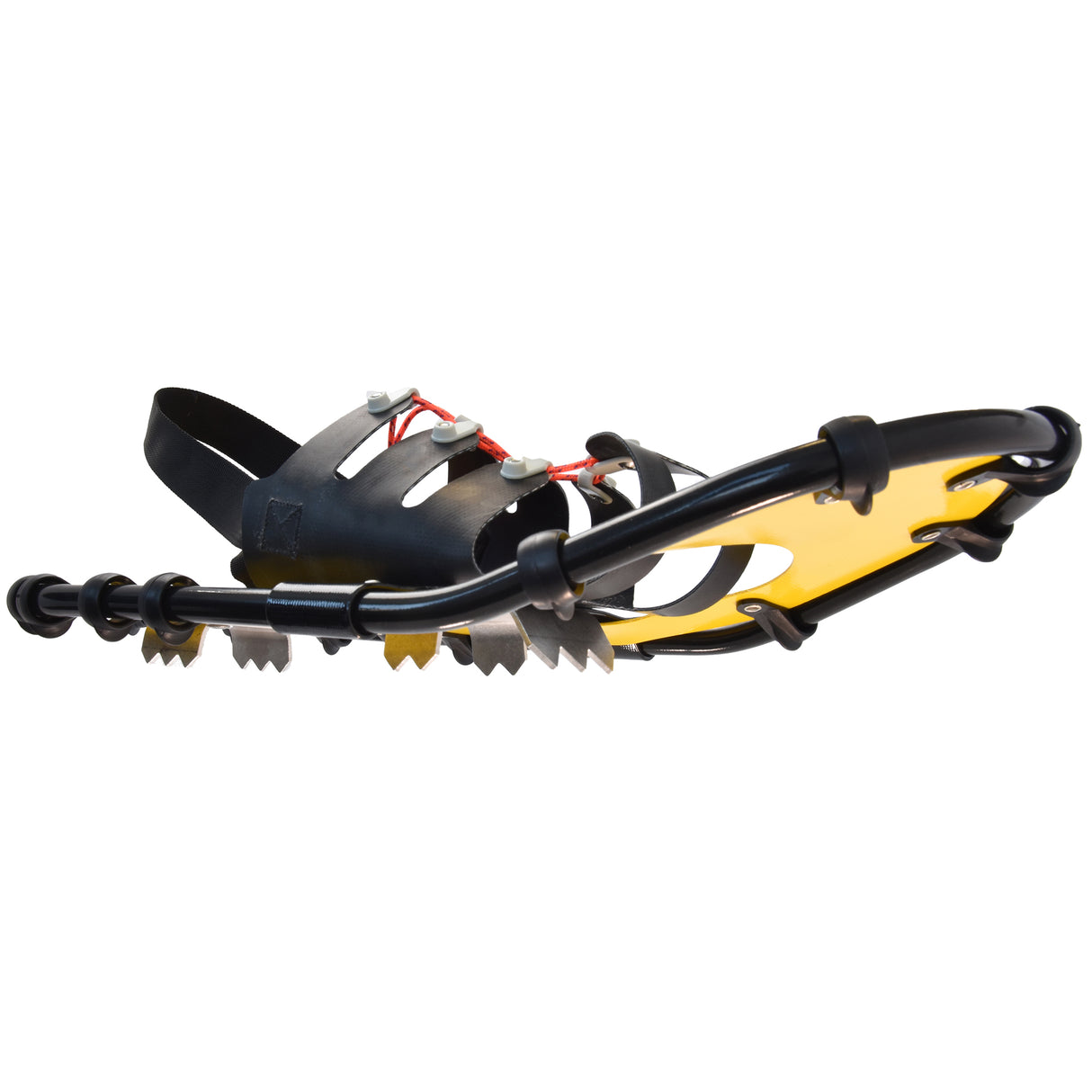 Front angled view of yellow race running snowshoes with bindings
