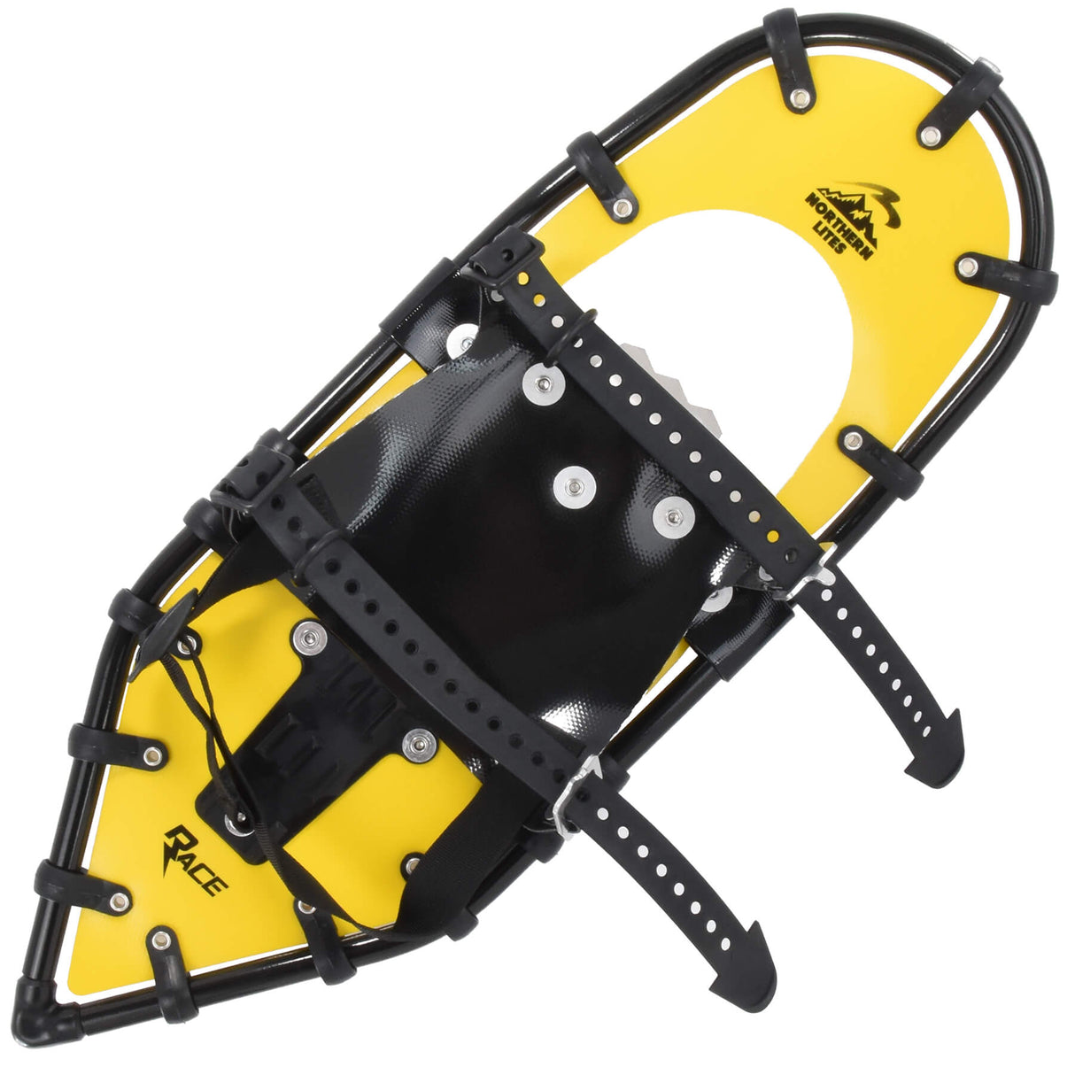Yellow race snowshoes with TruTrak traction and lightweight decking