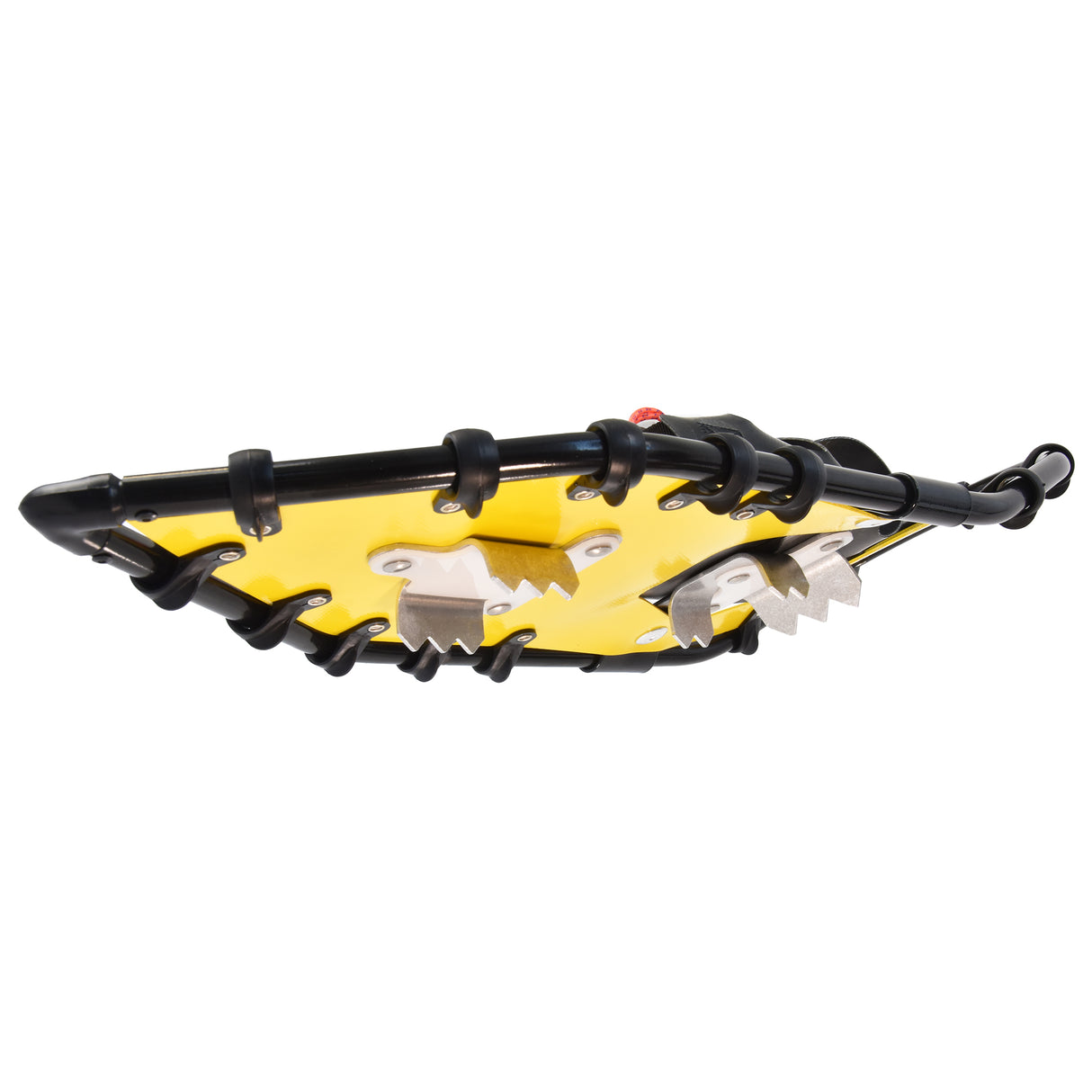 Bottom angle of yellow race snowshoes showing crampons and traction teeth