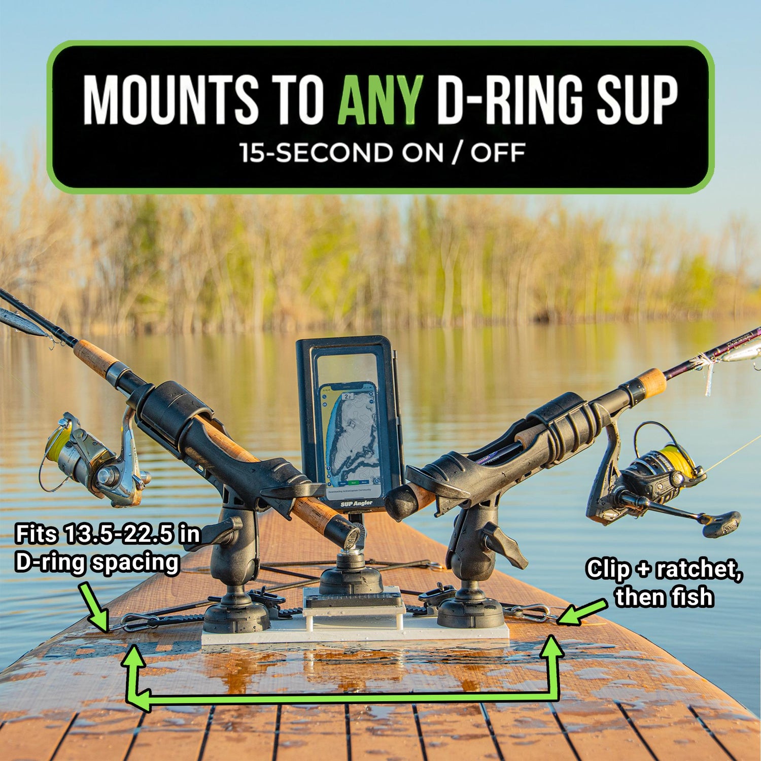 angler's fish-n-mate fold-down bumper mount rod holder 6-Holder Rack Mount, 051 This bumper mount can hold 10 rod and reels and has a bright anodized finish Angler's Fish-N-Mate Surf Mate Jr