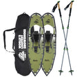 Tundra 33 green ultralight snowshoe bundle with poles and carry bag on snowy trail
