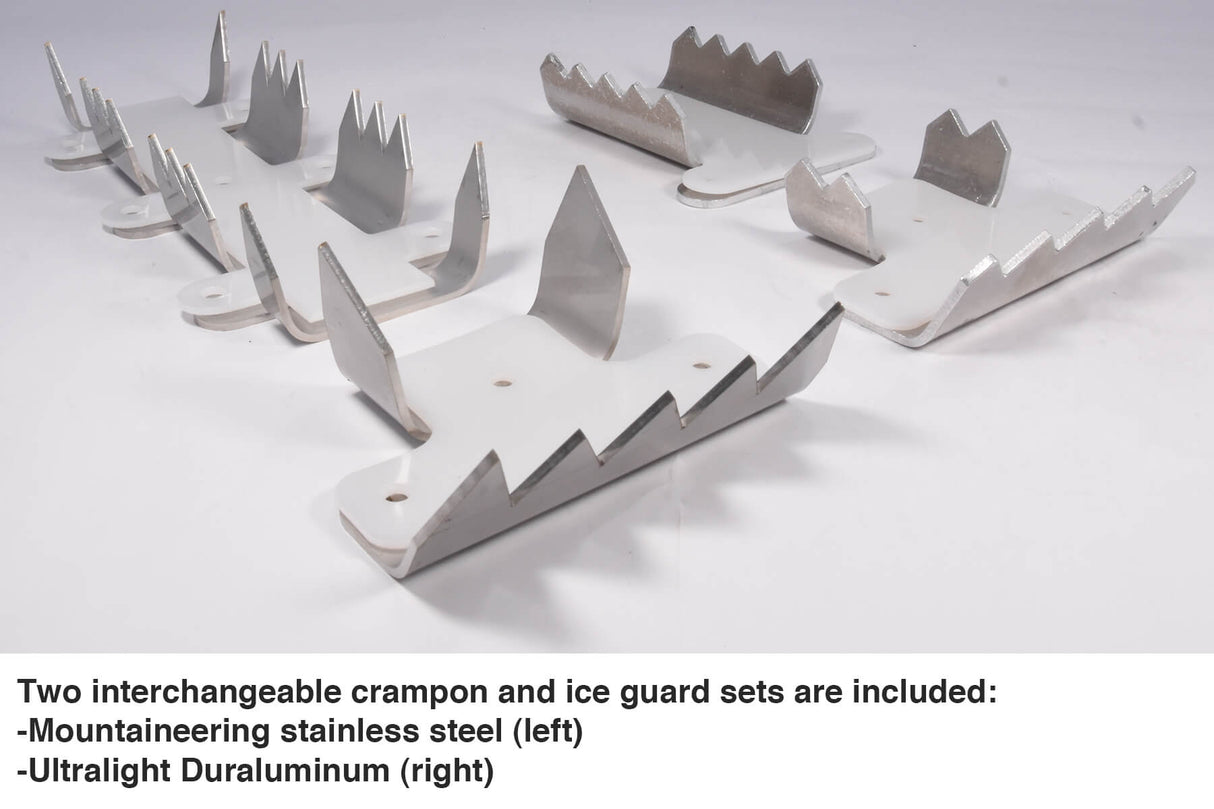 Close-up of Timber Wolf snowshoe crampons and steel traction teeth