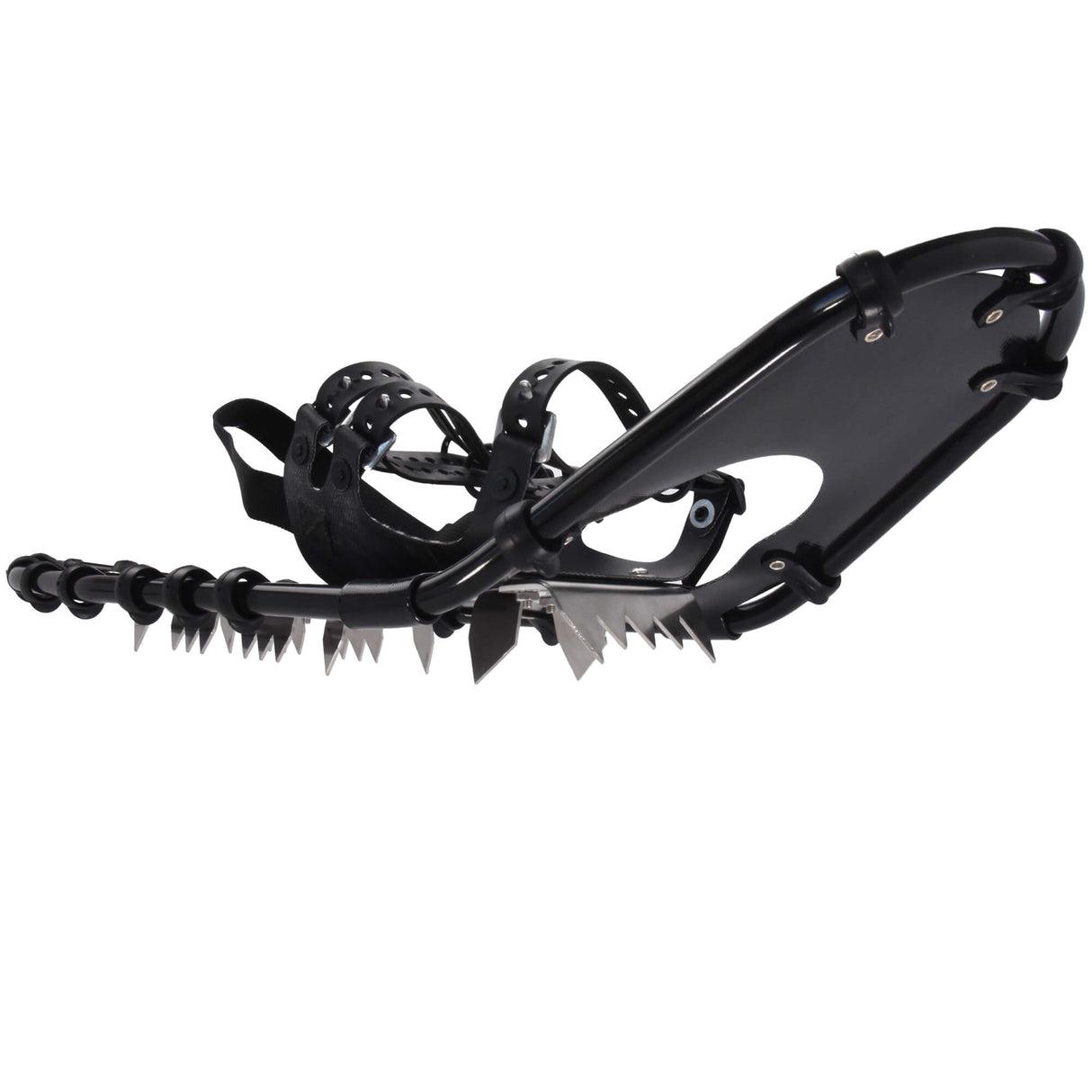Bottom front view of Timber Wolf 25 snowshoes with crampons and traction cleats